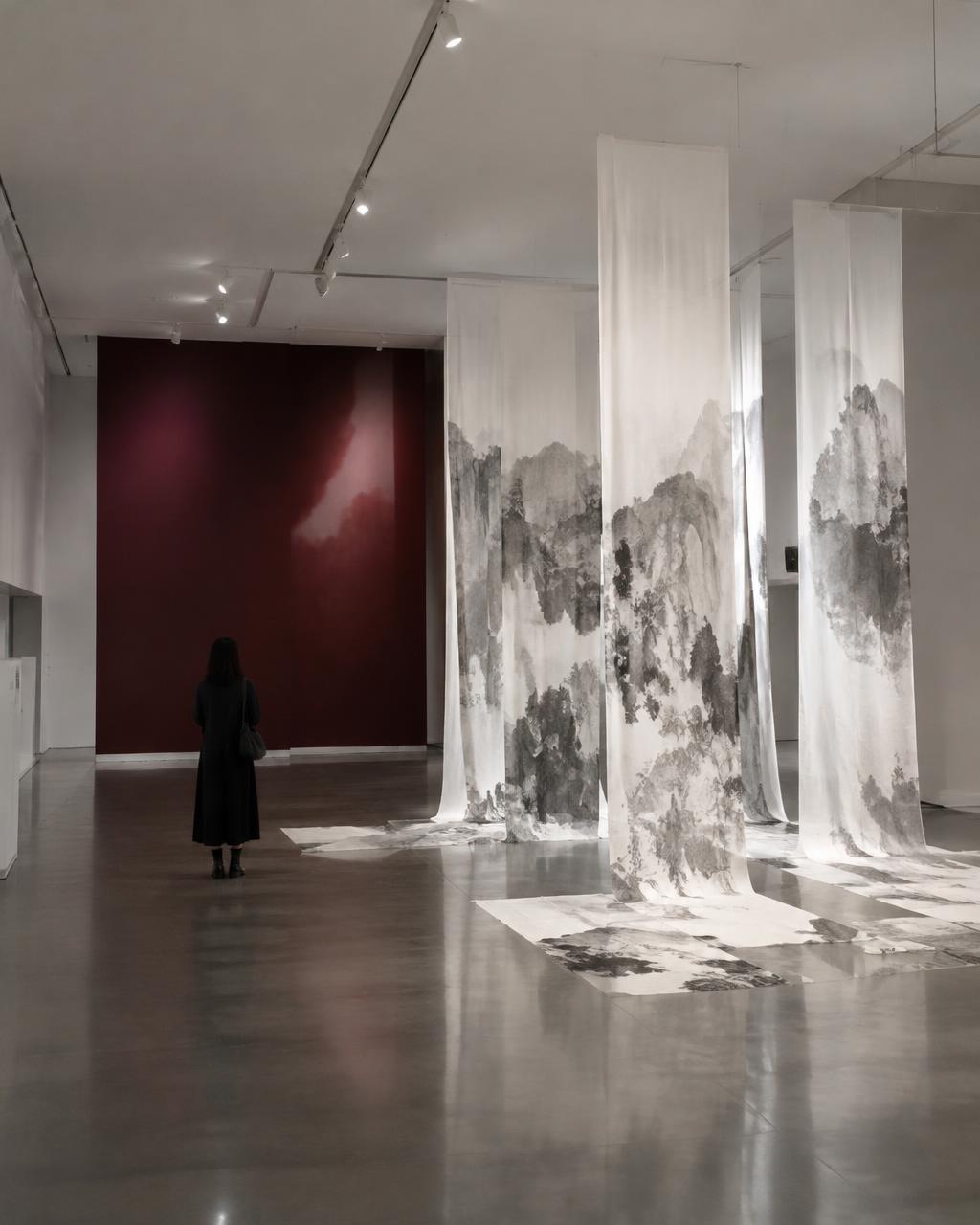 Visitor at a contemporary Chinese ink installation