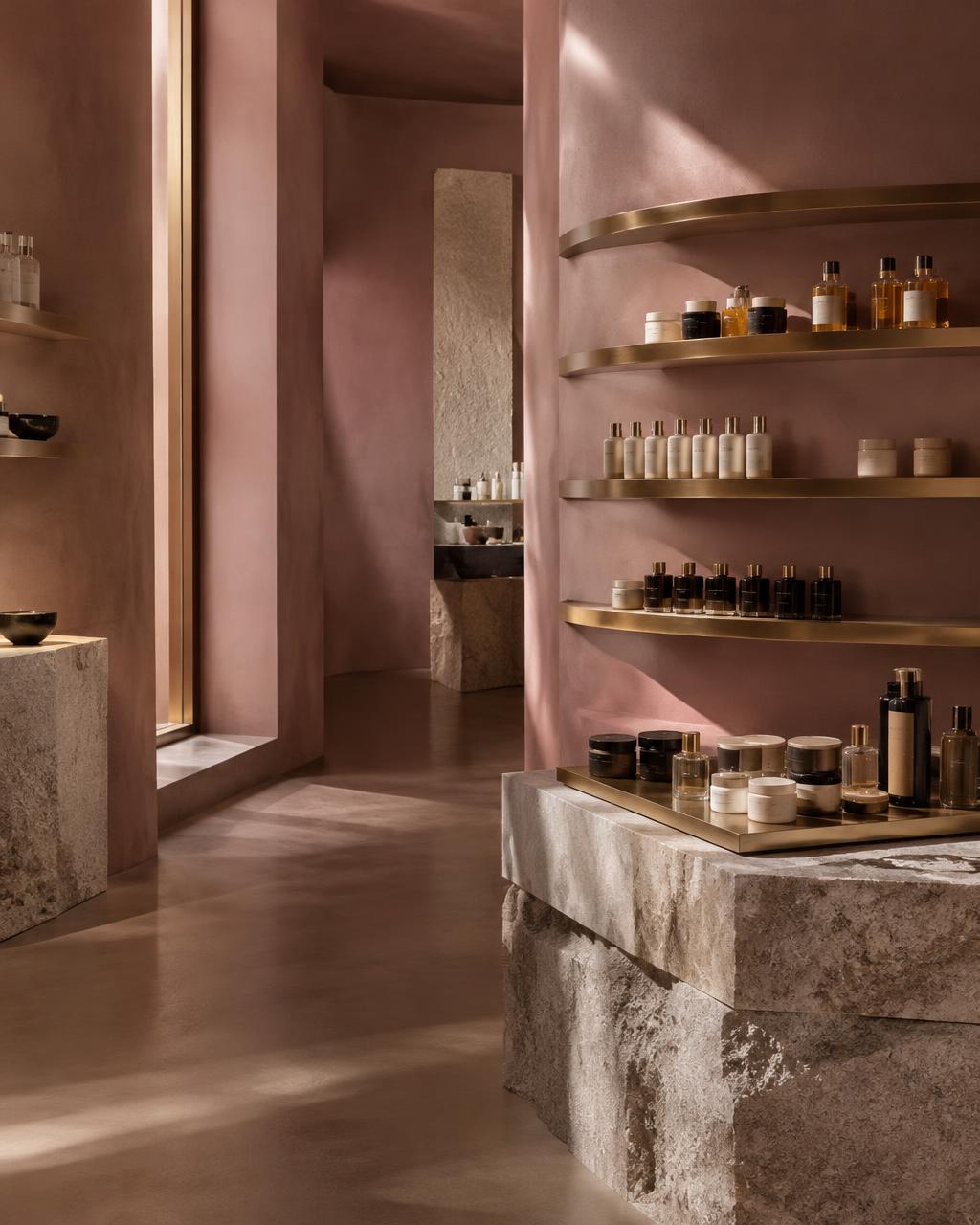Skincare and fragrance displayed in a contemporary concept store